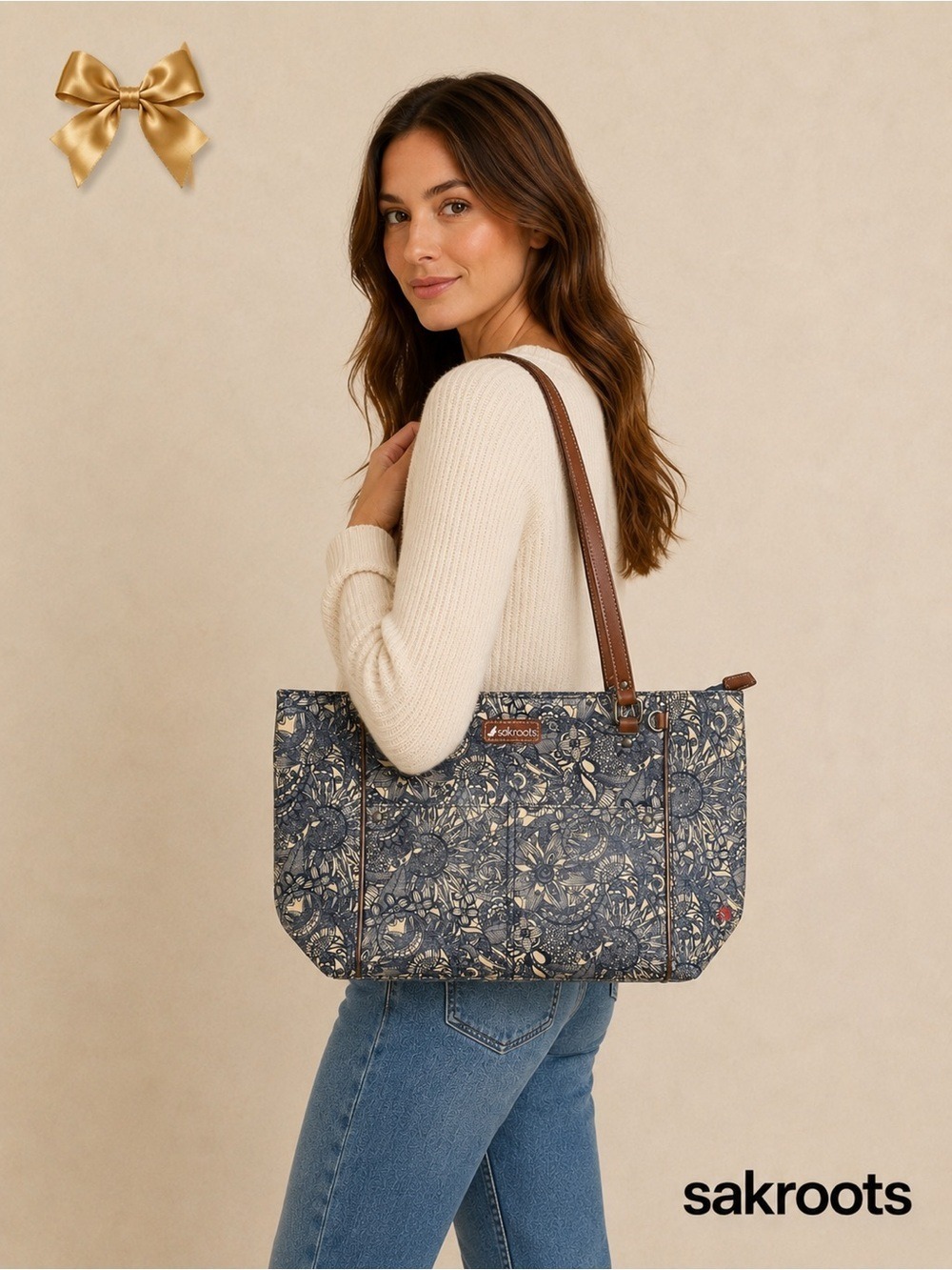 Sakroots Printed Tote Bag Blue Floral Shoulder Bag Vegan Leather Trim
